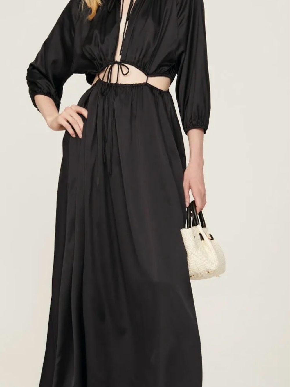 Area Stars Black Satin Cutout Maxi Dress with Tie Details | M *flaws at bottom*